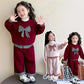 Korean Winter Children Girl Two-piece Clothes Set Plaid Bow Fleece Kid Girl Sweatshirt Outfit Baby Girls Straight Pant Tracksuit