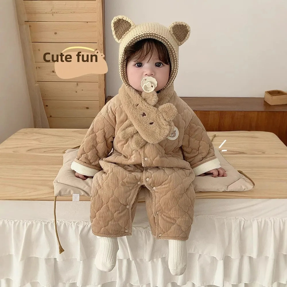 Baby Neck Crawler 2025 New Winter Newborn Thickened Clothes Baby Super Cute Cartoon Labeling Jumpsuit