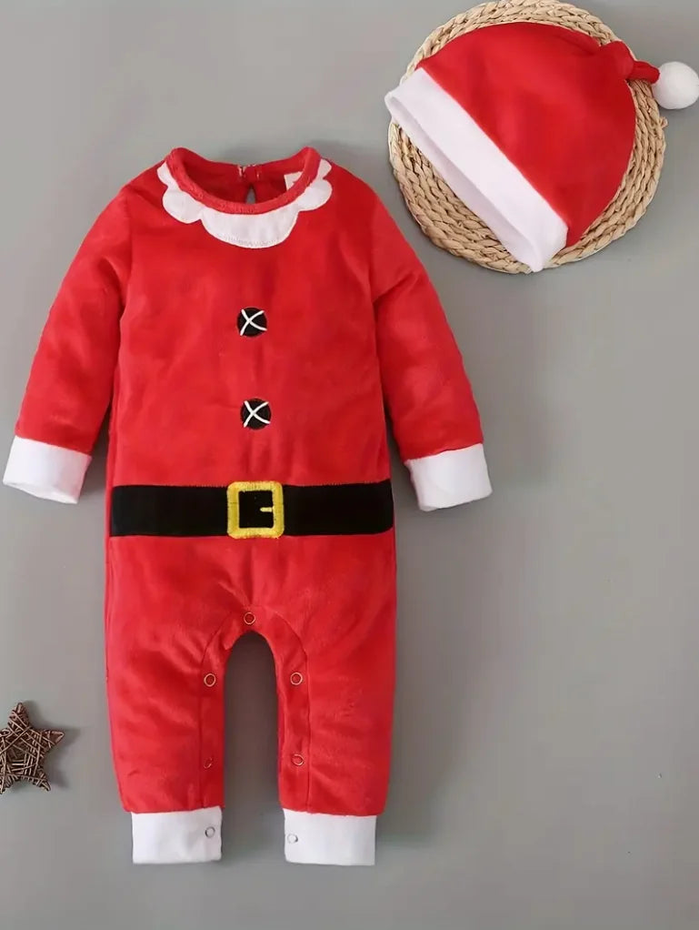 Baby's Christmas Party Santa Claus Outfits, Long Sleeve Romper Hat Set For Spring, Autumn And Winter Indoor And Outdoor Wear