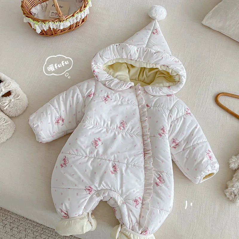 Baby Teddy Bear Jumpsuit 2025 New Winter Baby Super Cute Hooded Crawling Suit Newborn Cartoon Cotton Jacket