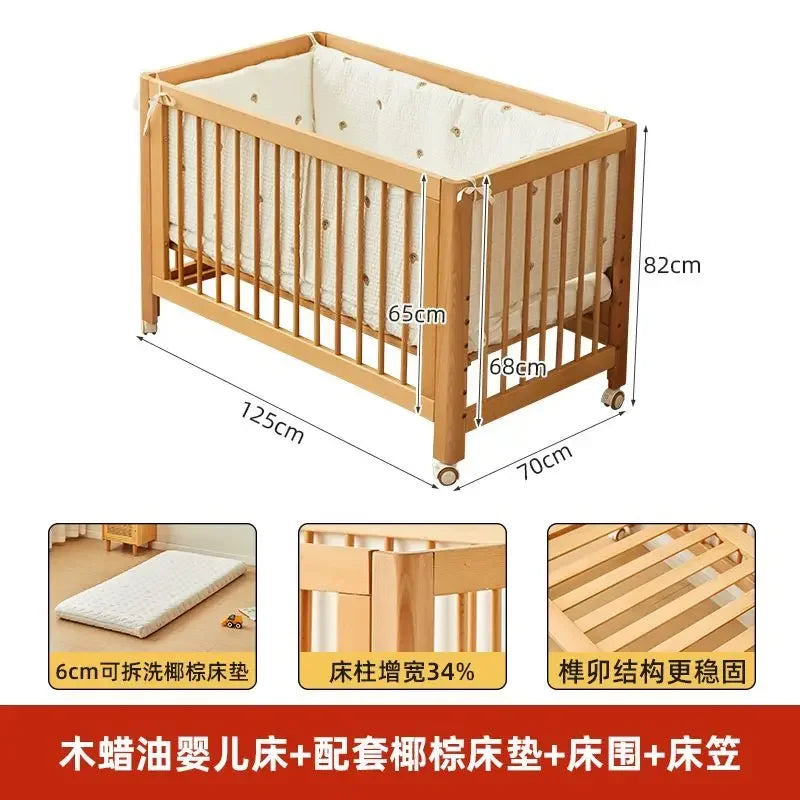 Adjustable Beechwood Baby Crib Convertible Bedside Sleeper with Guardrail Wheels Baby Bassinet Nest Bed Child Sleep with Wheels