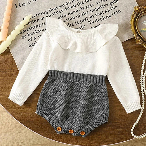2025 New Autumn Children Clothes Infant Baby Girls Long Sleeved Splicing Knitted Jumpsuit Newborn Baby Knitted Bodysuits+Hat