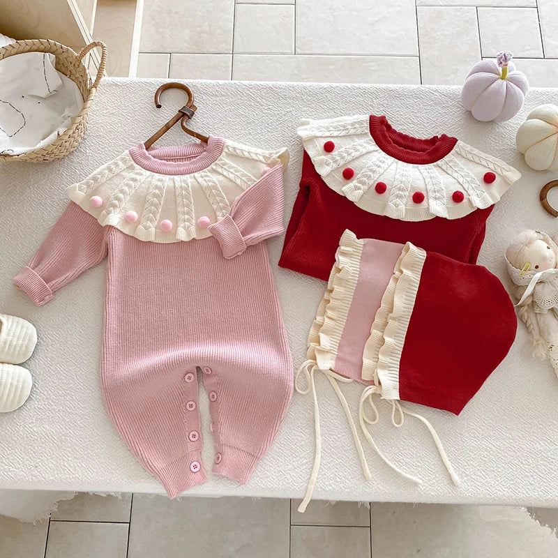 2025 New Autumn Children Clothes Infant Baby Girls Long Sleeved Splicing Knitted Jumpsuit Newborn Baby Knitted Bodysuits+Hat