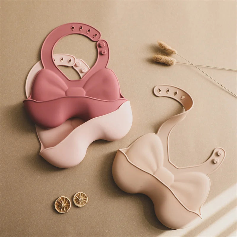 Baby Waterproof Bibs Toddler Silicone Bibs Cute Bowknot Aprons Kids Bib Girl Boy Adjustable Soft Silicone Bib Baby Feeding