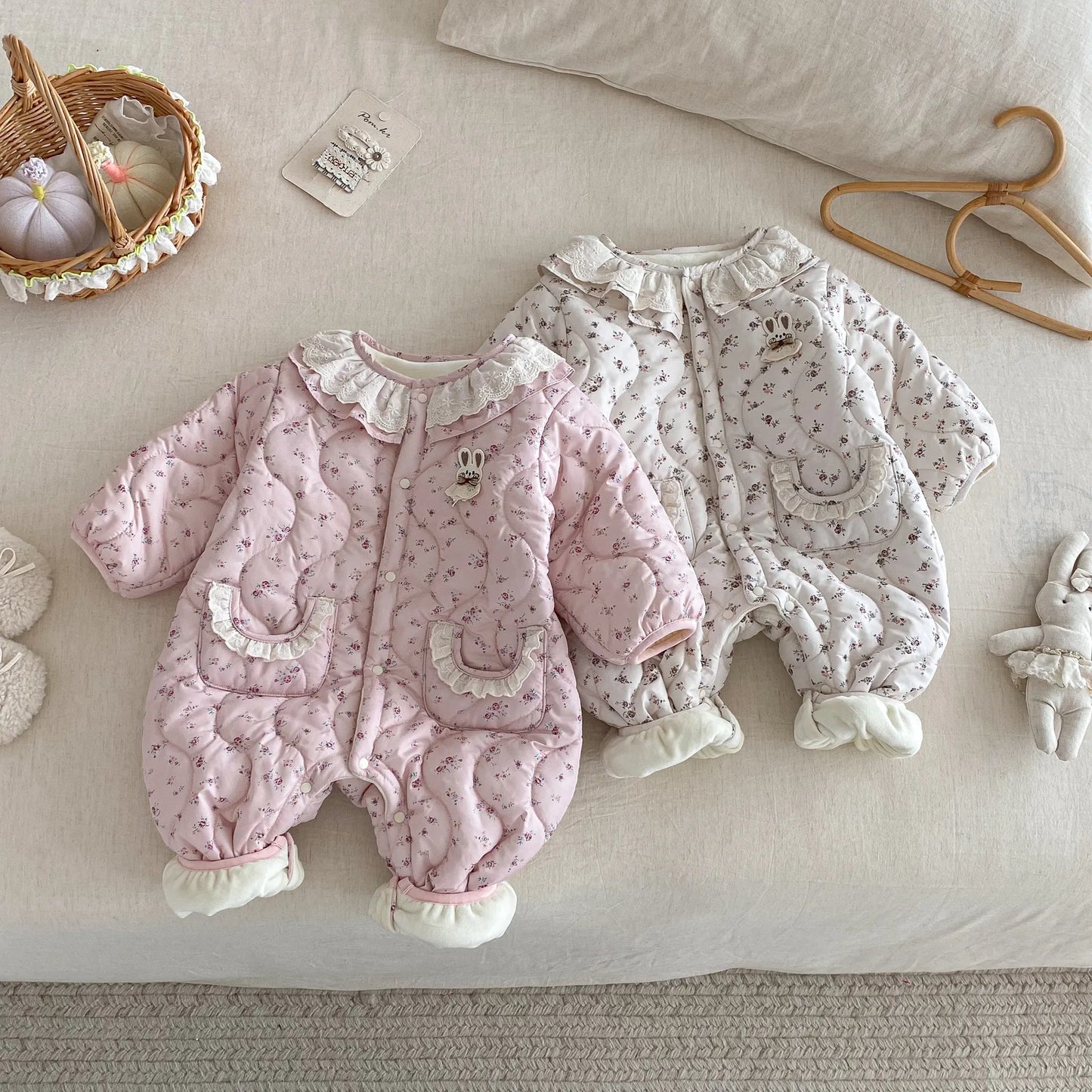 Newborn Girls’ Padded Romper with Ruffled Collar