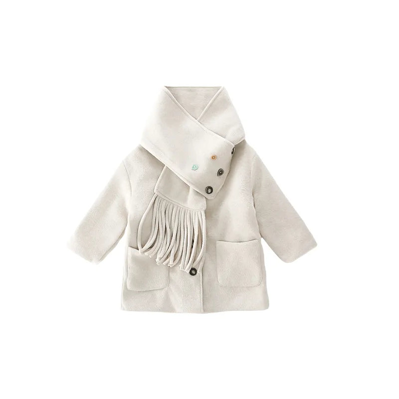 Autumn Winter Children Girl Overcoat Colorful Button Pockets Kid Baby Girls Outerwear Loose Warm Toddler Girls Jacket Soft Scarf
