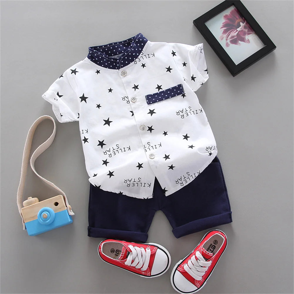 2PCS Baby Set Summer Fashion All over Five Point Star Pattern Standing Neck Short Sleeve Shorts Set
