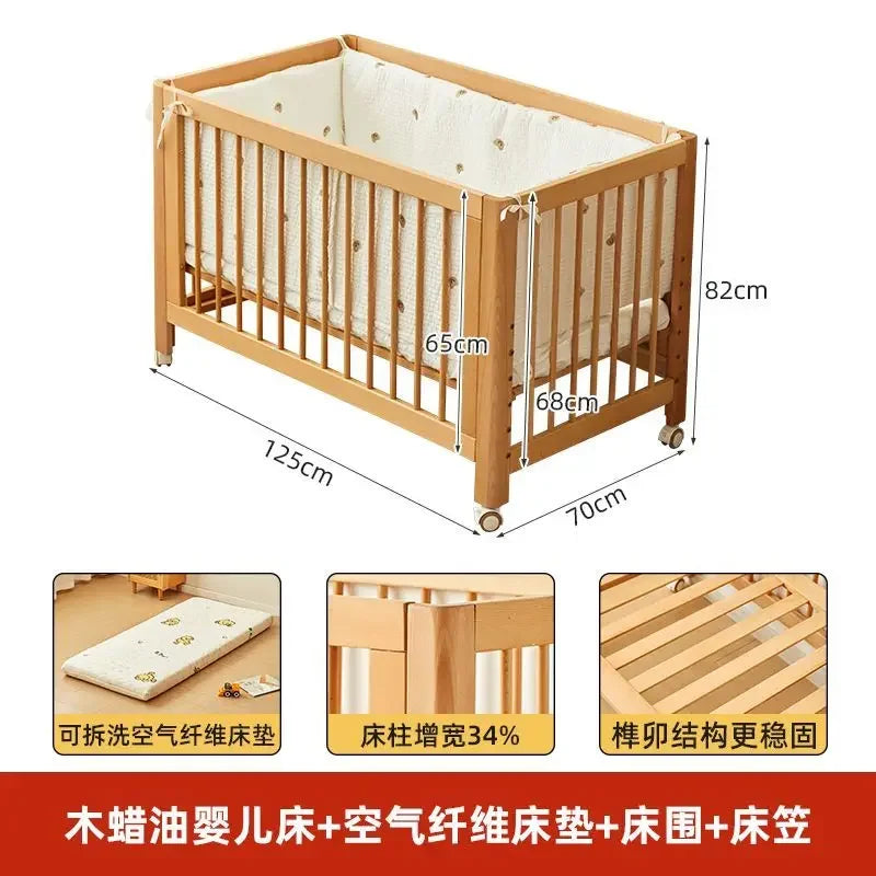 Adjustable Beechwood Baby Crib Convertible Bedside Sleeper with Guardrail Wheels Baby Bassinet Nest Bed Child Sleep with Wheels