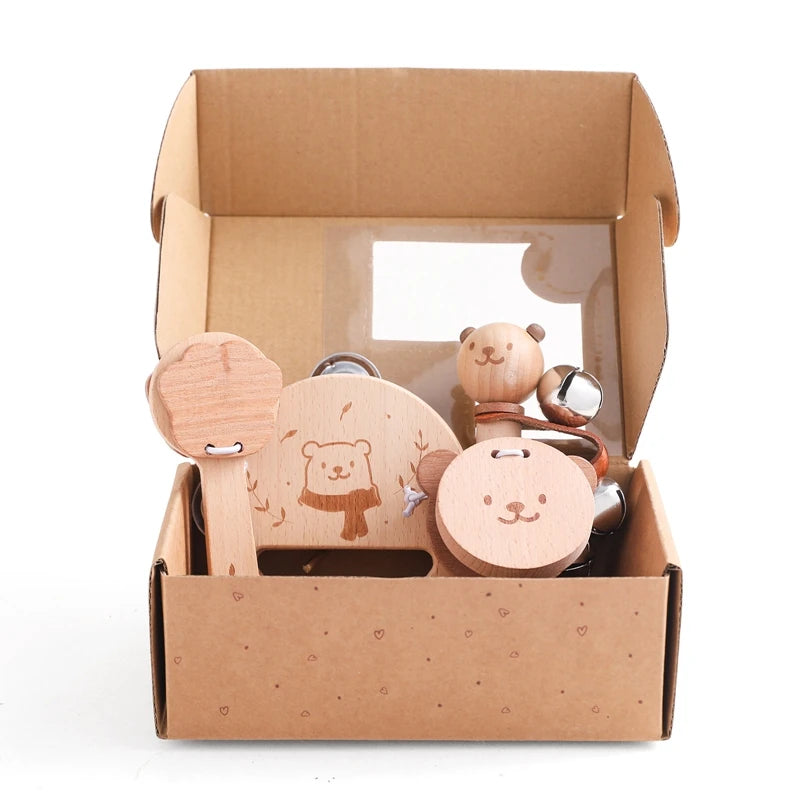 Wooden Musical Instrument Cartoon Bear Rain Drum, Castane,Rattle, Thumb Fiddle Baby Music Educational Toy Set Gift For Newborns