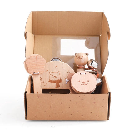 Wooden Musical Instrument Cartoon Bear Rain Drum, Castane,Rattle, Thumb Fiddle Baby Music Educational Toy Set Gift For Newborns