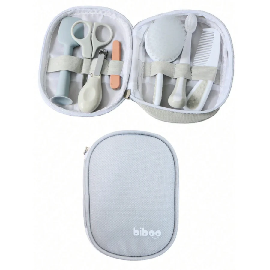 Grey baby care products set: baby comb, brush, scissors, nail clippers, care toolkit, 7-piece baby care set