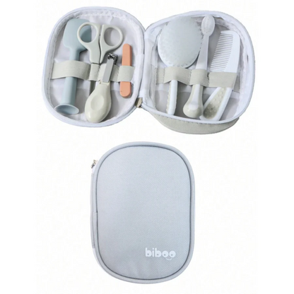 Grey baby care products set: baby comb, brush, scissors, nail clippers, care toolkit, 7-piece baby care set