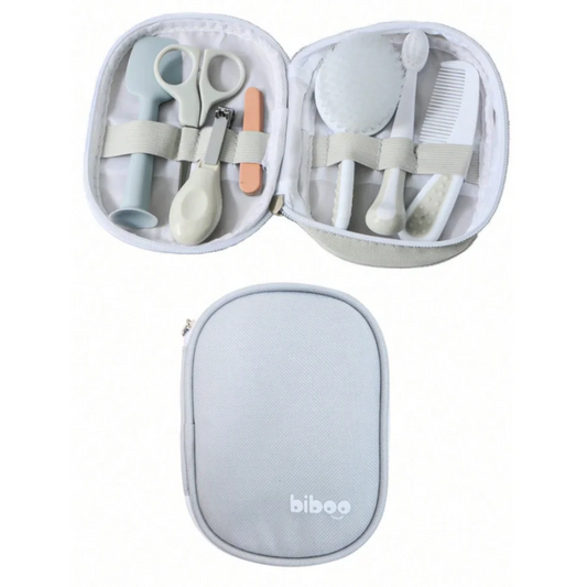 Grey baby care products set: baby comb, brush, scissors, nail clippers, care toolkit, 7-piece baby care set