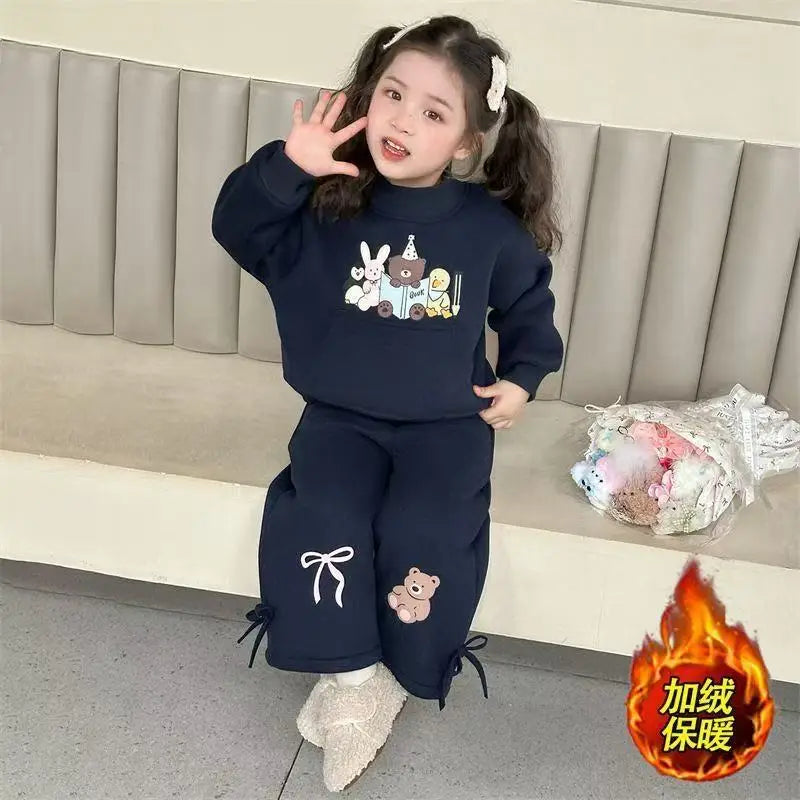 Children Girls Winter Outfits Kid Girls Animal Printed Fleece Sweatshirt 2PCS Clothes Bow Hem Velvet Warm Infant Babys Girl Pant