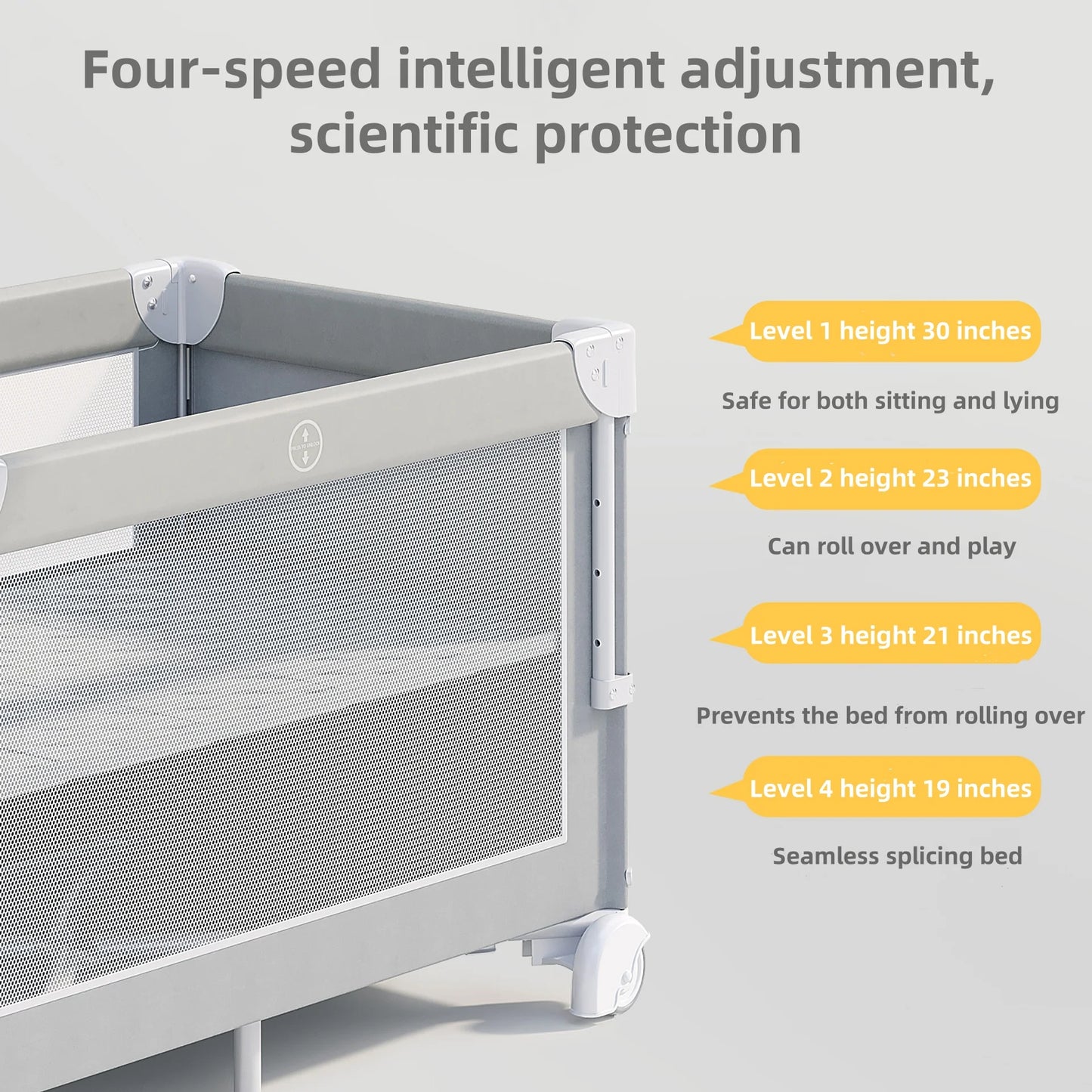 Multifunctional Baby Bed Fit 0-3 Years Old 4-Level Adjustable Cribs for Baby Foldable Baby Cot Bed with 360° Silent Wheels