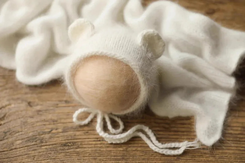 Fluffy Mink Thread Newborn Knit Hat with Ears Photo Prop