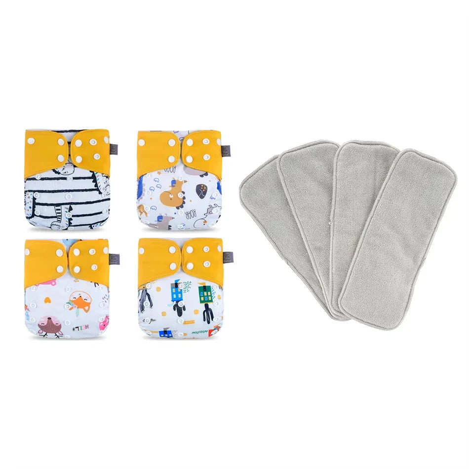 Washable Baby Diapers Set – 4 Cloth Nappies with Inserts, 3–15kg