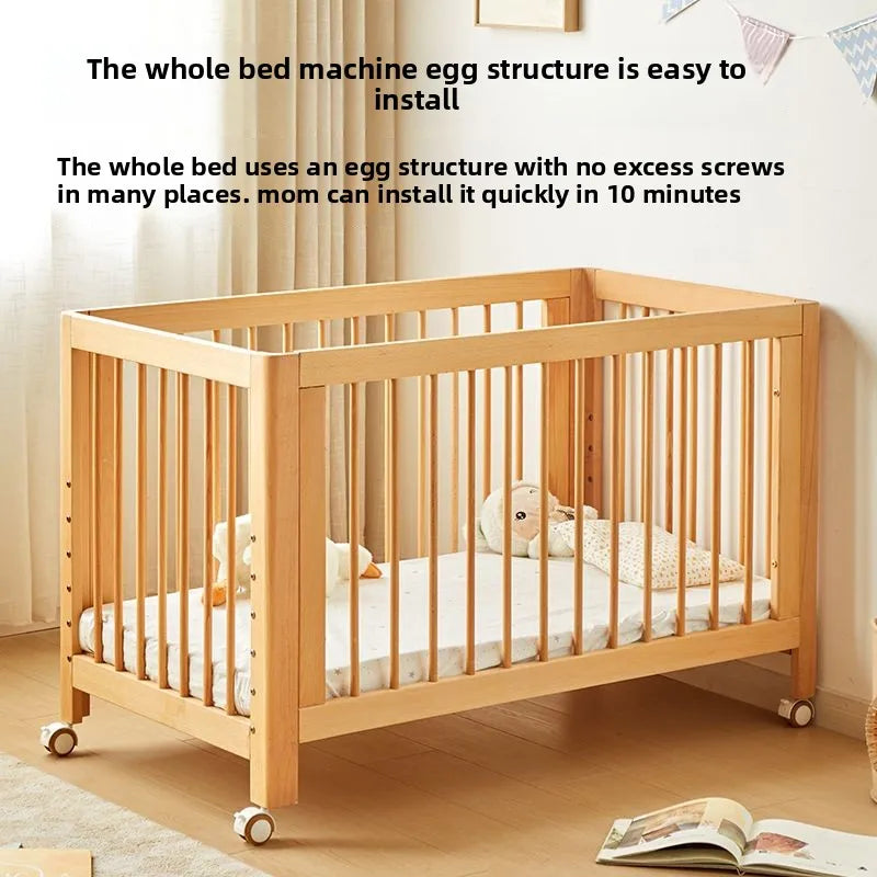 Adjustable Beechwood Baby Crib Convertible Bedside Sleeper with Guardrail Wheels Baby Bassinet Nest Bed Child Sleep with Wheels