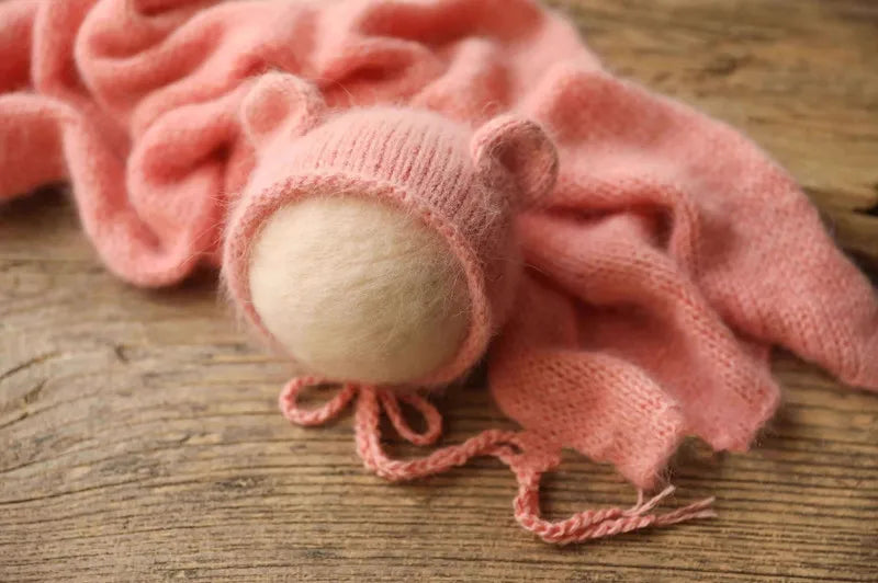 Fluffy Mink Thread Newborn Knit Hat with Ears Photo Prop