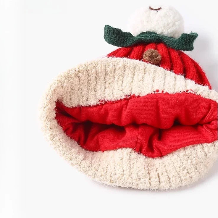 Children's Winter Red Hat And Scarf Set Cartoon Snowman Design Warm Knitted Scarf Cap for Boys And Girls Xmas New Year's Gift