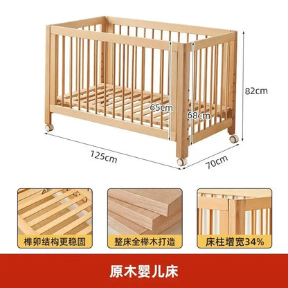 Adjustable Beechwood Baby Crib Convertible Bedside Sleeper with Guardrail Wheels Baby Bassinet Nest Bed Child Sleep with Wheels