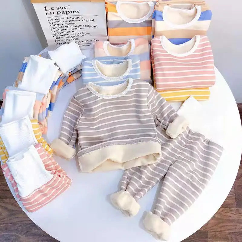 1Set Autumn Winter Kid Warm Velvet Underwear Set Babies Thickened High Waist Belly Protection Baby Casual Childrens Clothing Set