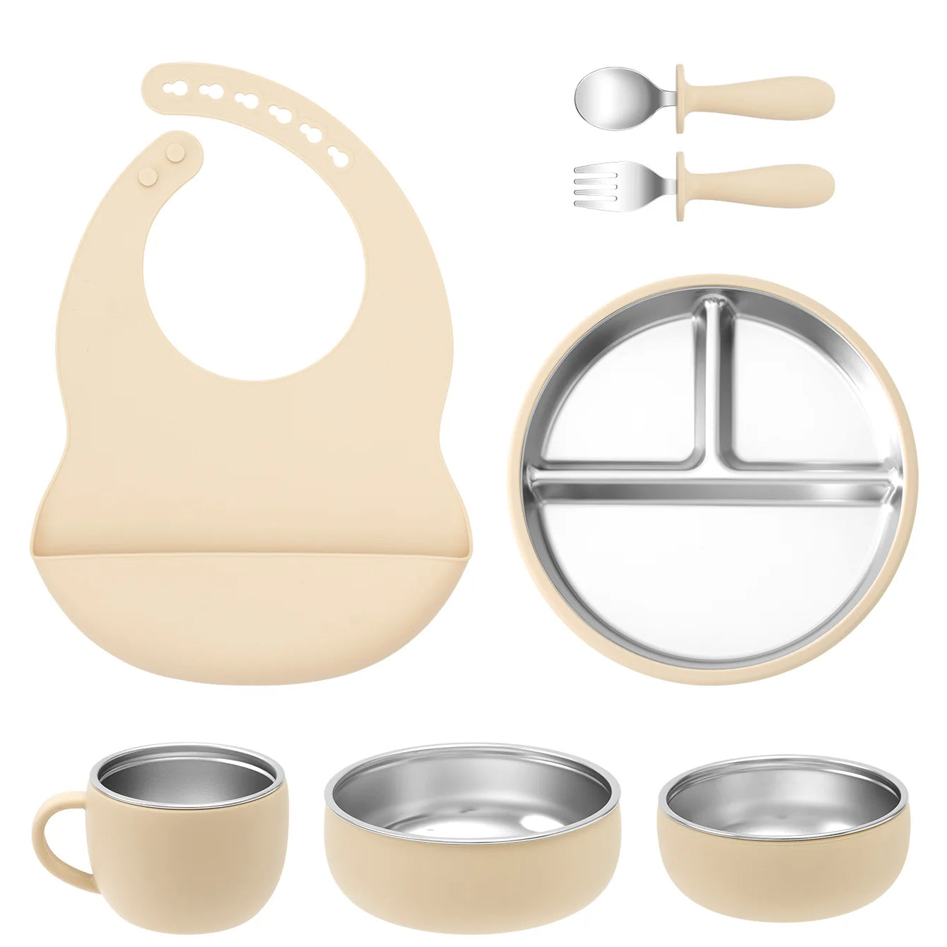7PCS Baby Feeding Set – Stainless Steel & Silicone Tableware