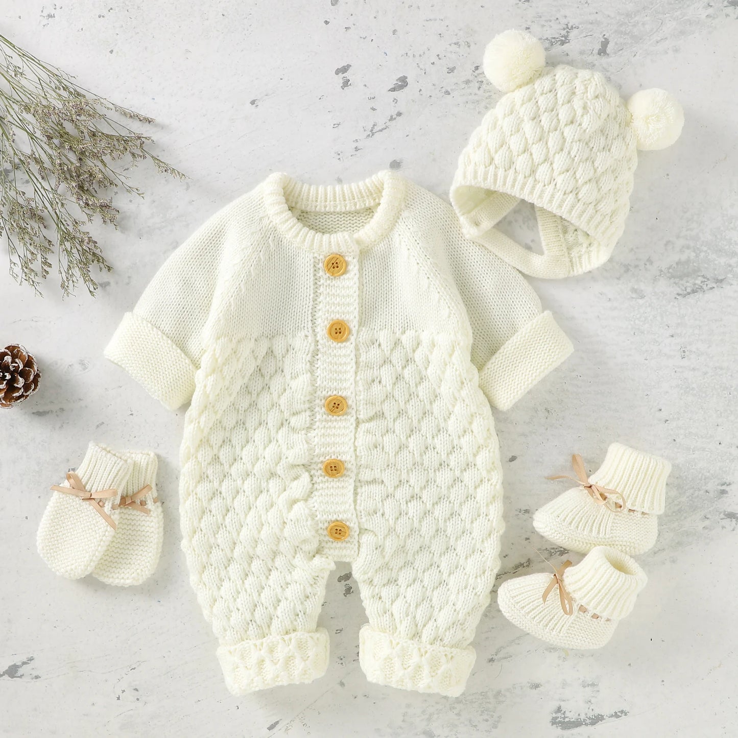 Knitted Baby Jumpsuit & Cap Set