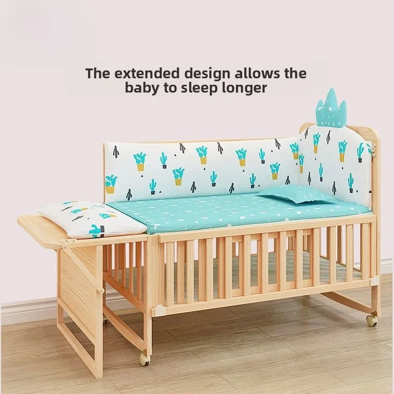 Solid Wood Baby Crib Convertible Toddler Bed Movable Newborn Bassinet Cradle Multi Functional Infant Bed For Babies Boys Girls