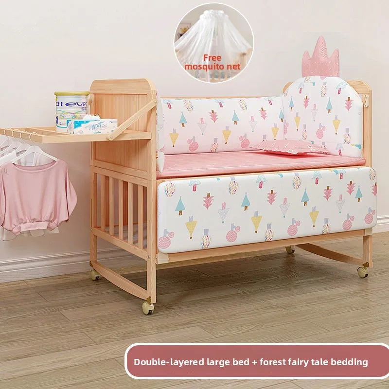Solid Wood Baby Crib Convertible Toddler Bed Movable Newborn Bassinet Cradle Multi Functional Infant Bed For Babies Boys Girls