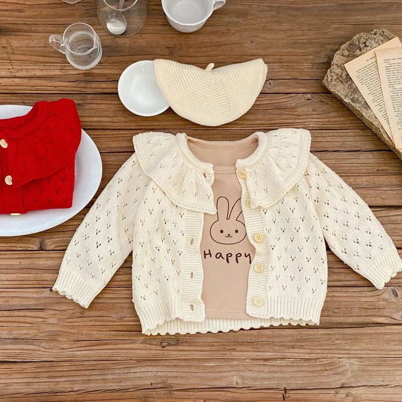 Autumn Baby Girl Sweater – Cotton Knitted Lotus Collar Long-Sleeve Coat