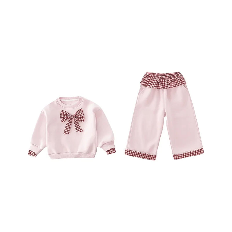Korean Winter Children Girl Two-piece Clothes Set Plaid Bow Fleece Kid Girl Sweatshirt Outfit Baby Girls Straight Pant Tracksuit