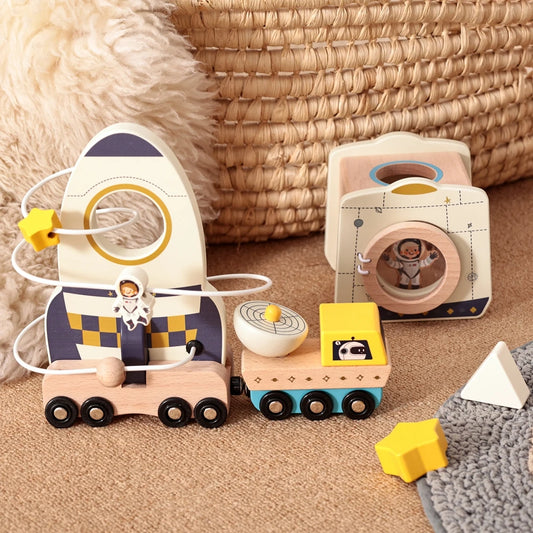 Wooden Astronaut Space Toys Set Baby Montessori Rocket Knowledge Puzzle Toys Early Shape Perception Building Block Stacking Game