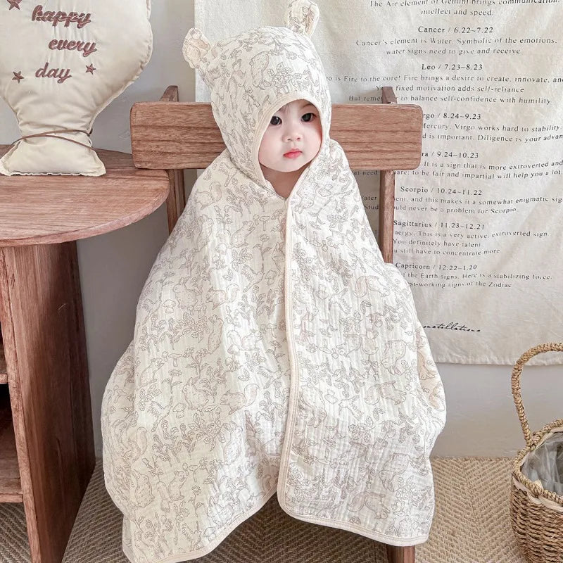 Soft Hooded Baby Bath Towel Cartoon Cloak  Super Absorbent Gauze Bathing Wrap for Newborn Infant Anti-Shedding & Skin-Friendly