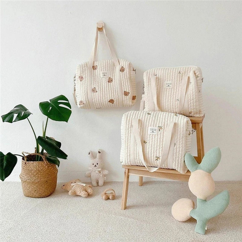 Korean Style Quilted Diaper Bag – Embroidered Mummy Shoulder Organizer