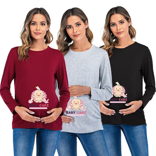 New Maternity Carton Long-sleeved Tees Solid Color 0 Neck Casual Loose Pregnancy Clothing Fashion Women's Pregnancy Long Sleeve