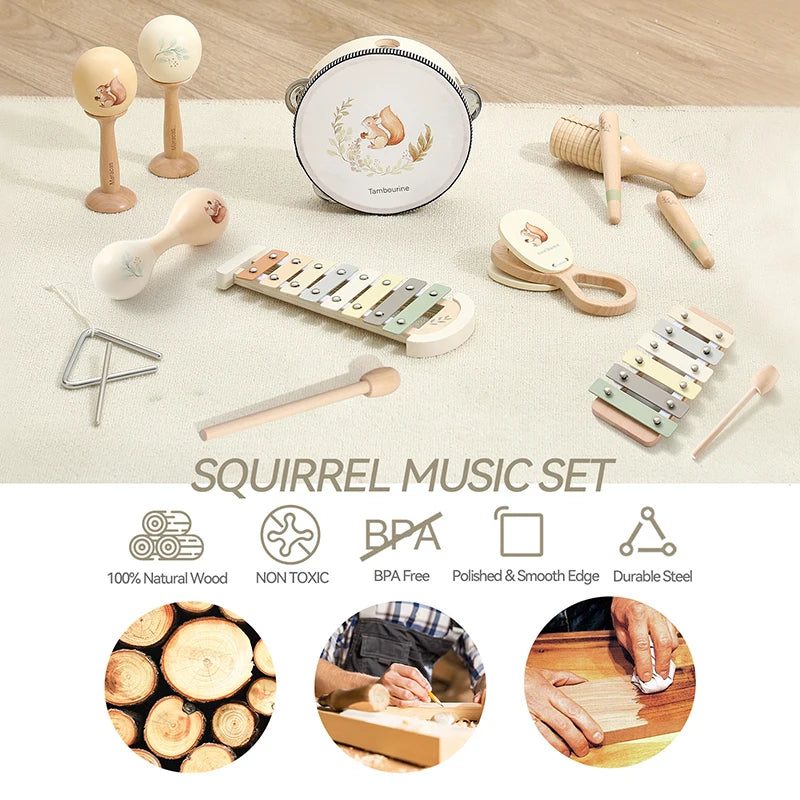 Music Toys Baby Wooden Montessori Toys Children Music Instrument Squirrel Maracas Drum Xylophone Early Education Sensor Toys Set