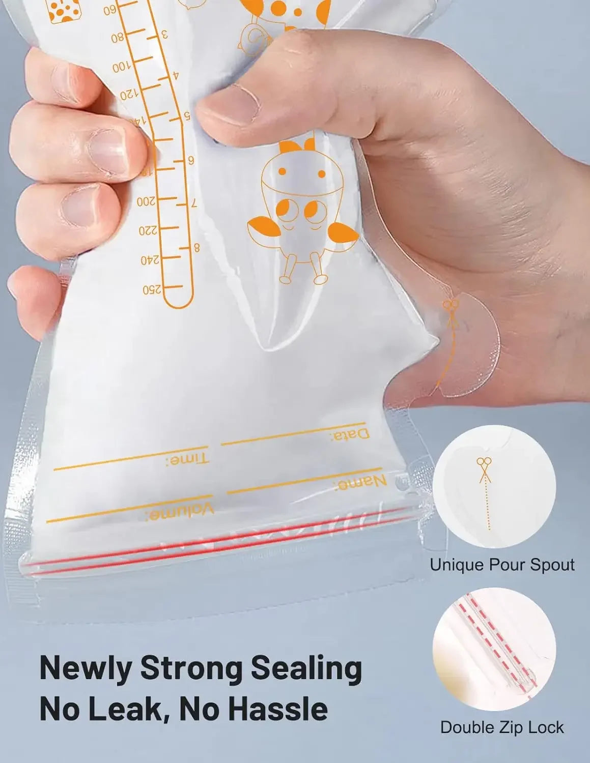 250ml  30/100pcs Breastmilk Storage Bag Self Standing Baby Food Storage Containers No Leak Milk Freezer Bags Safe Feed BPA Free