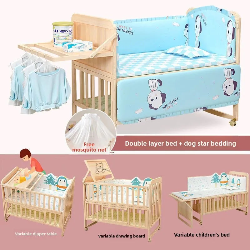 Solid Wood Baby Crib Convertible Toddler Bed Movable Newborn Bassinet Cradle Multi Functional Infant Bed For Babies Boys Girls