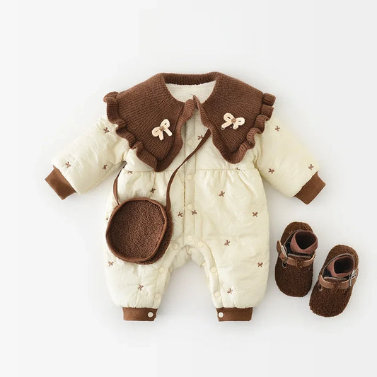 0-2 Y Winter Baby Girls Clothes Fur Lining Toddler Rompers Fur Lining Infant Girls Jumpsuits Bow Embroidery Outfit