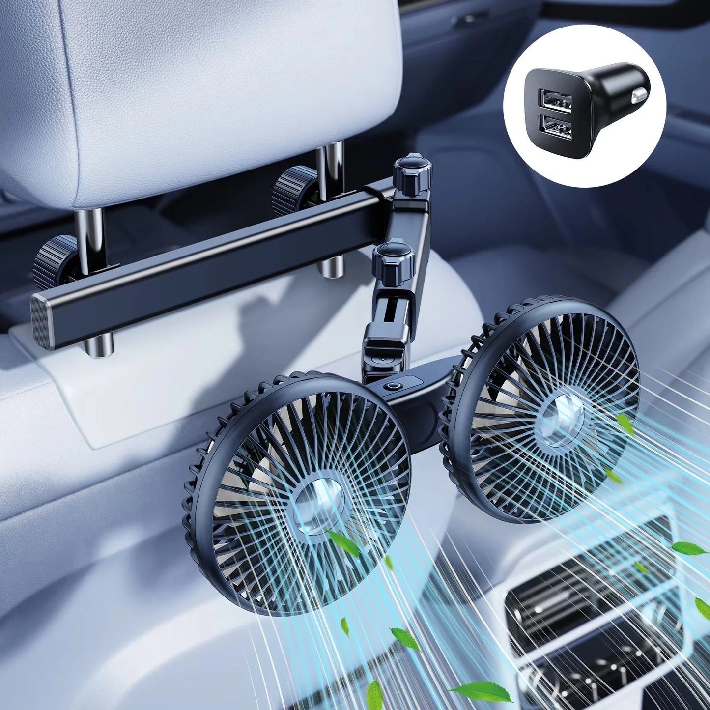 Eary Car Dual-Head Fan Mount For Backseat Rear Seat Headrest USB Charge Long Arm Adjustable 3-Speed Wind Air Cooling Fan For Kid