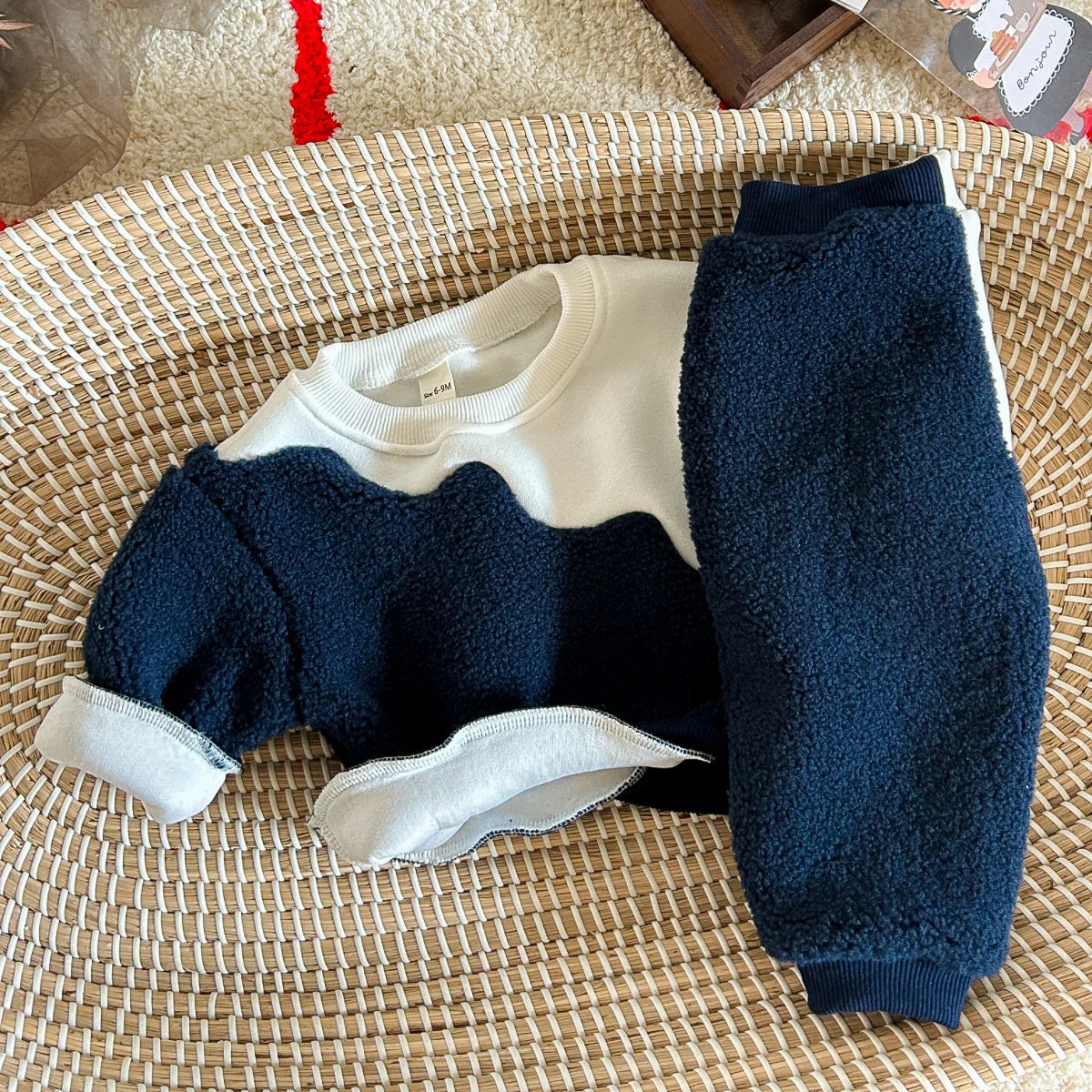 Baby Boy 2PCS Winter Set – Blue & White Fleece Top & Pants, 0–3Y