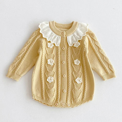 2025 New Autumn Children Clothes Infant Baby Girls Long Sleeved Splicing Knitted Jumpsuit Newborn Baby Knitted Bodysuits+Hat