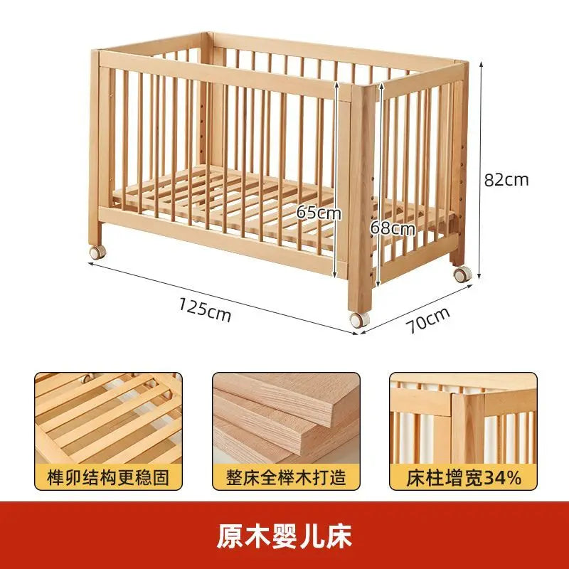 Adjustable Beechwood Baby Crib Convertible Bedside Sleeper with Guardrail Wheels Baby Bassinet Nest Bed Child Sleep with Wheels