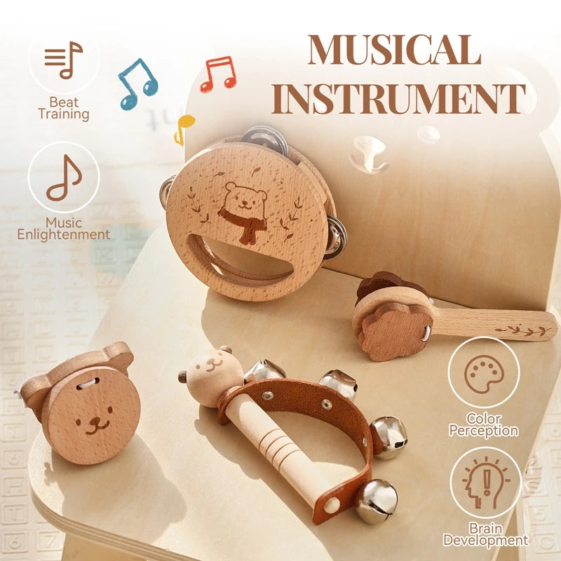 Wooden Musical Instrument Cartoon Bear Rain Drum, Castane,Rattle, Thumb Fiddle Baby Music Educational Toy Set Gift For Newborns