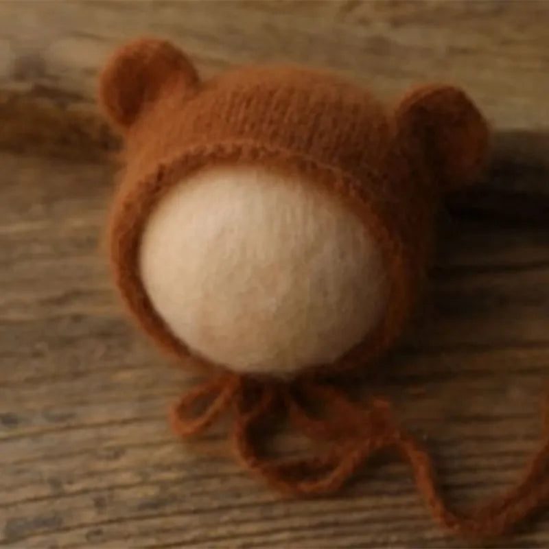 Fluffy Mink Thread Newborn Knit Hat with Ears Photo Prop