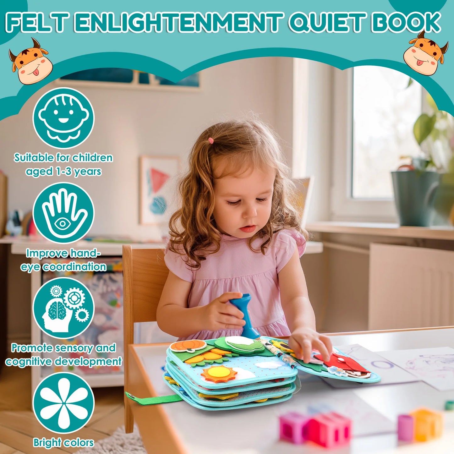 Farm Theme Busy Book for Toddlers 3D Felt Quiet Book for Preschool Learning Fine Motor Skills，Sensory  Activity Toy Kid Baby