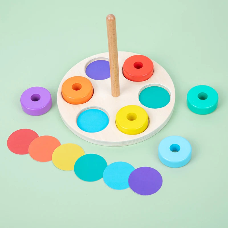 Montessori Toys Rainbow Stacking Ring Tower Board Baby Early Educational Teaching Aids Wood Toddler Baby Toy for Children Colors