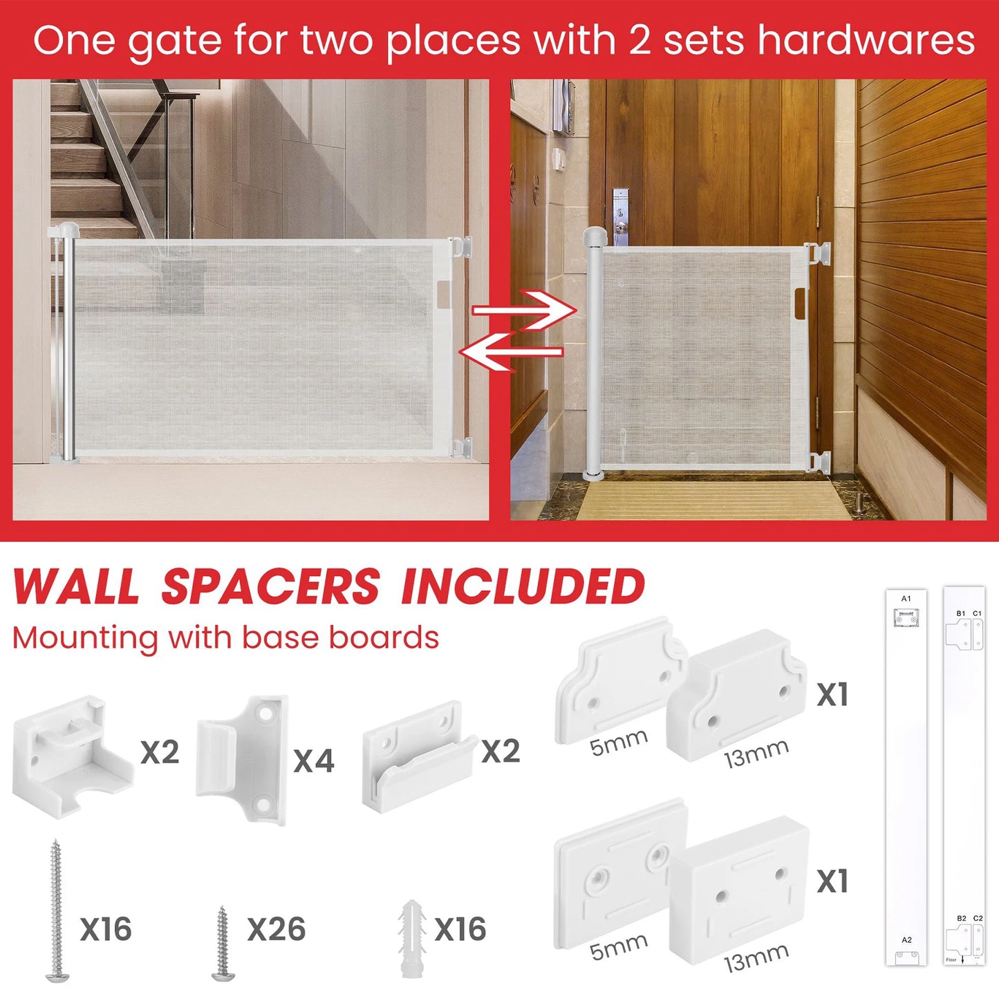 Baby Gate For Stairs Retractable Stair Mesh Gate Extra-Wide No-Drill Heavy-Duty Pet Supplies For Indoor Outdoor Porch Deck