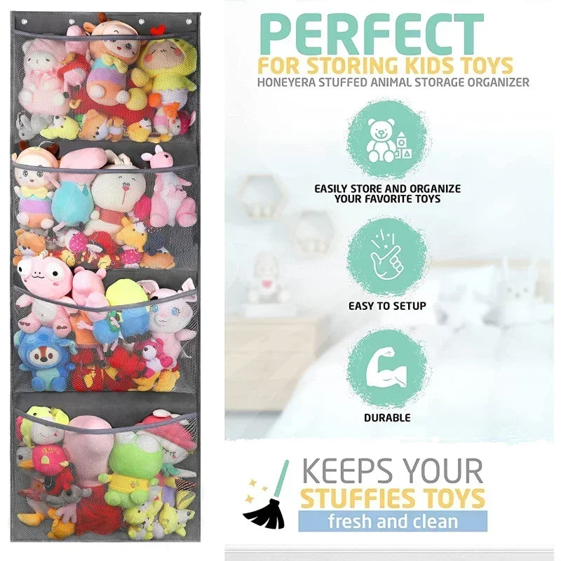 New Stuffed Storage Bag Over The Door Stuff Animals Organizer Hanging Mesh Bags 4 Large Pockets for Baby Plush Toys Kids Storage